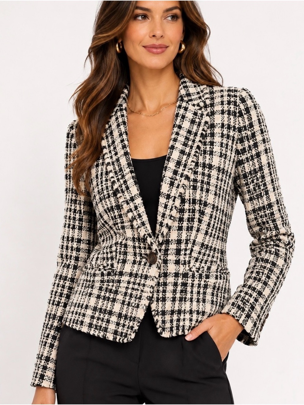 Ann Taylor Black Cream Tweed Blazer Fringe Jacket Size 16 - Picture 2 of 9